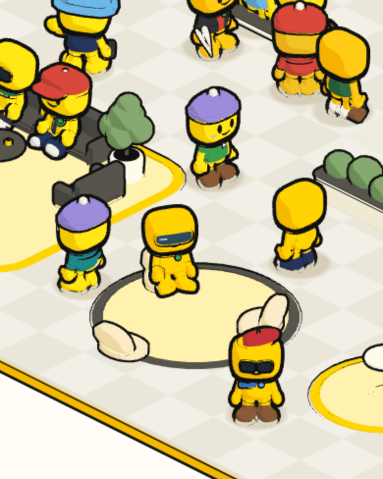 Illustration of the AOL Clubhouse: an isometric room where thirty buddies from the collection, each in its own outfit and headwear, sit in the lounge, work at the trading desks and stand around the room.